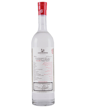 Image of a bottle of Cuentacuentos Espadin Mezcal featuring a sleek design with a white label and red and black accents.