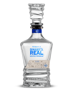 Image of a bottle of Dinastía Real Blanco Tequila, featuring a sleek design with a clear label and blue accents.