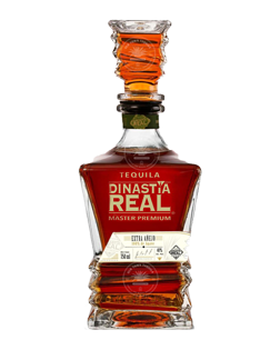 Image of a bottle of Dinastía Real Añejo Tequila, featuring a sleek design with a clear label and white accents.