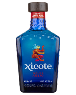 Image of a bottle of Xicote Añejo Tequila, featuring a sleek design with a blue label and white and red accents.