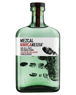 Image of a bottle of Marca Negra Espadíin Mezcal featuring a sleek design with a white label and black and red accents.