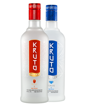 Image of 2 bottles of Kruto Vodka, original and flawless. featuring a sleek design with a red and blue label respectively label and white accents.