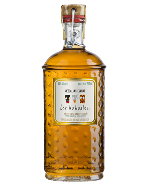 Image of a bottle of Los Nahuales Añejo Mezcal featuring a sleek design with a white label and gold accents.