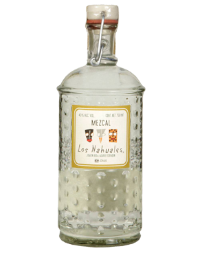 Image of a bottle of Los Nahuales Reposado Mezcal featuring a sleek design with a white label and gold accents.