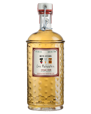 Image of a bottle of Los Nahuales Reposado Mezcal featuring a sleek design with a white label and red accents.