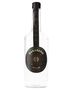 Image of a bottle of Dakabend Rum featuring a sleek design with a brown label and green and gold accents.