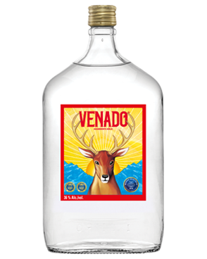 Image of a bottle of Venado Aguardiente featuring a sleek design with a yellow sunrise and blue mountains with a deer label and red accents.