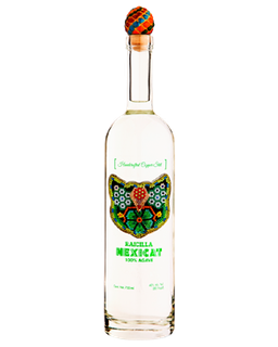 Image of a bottle of Mexicat Raicilla Mezcal featuring a sleek design with a clear label and green accents.