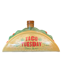 Image of a bottle of Taco Tuesday Blanco Tequila in the shape of a taco featuring colors of red, green, and tan.