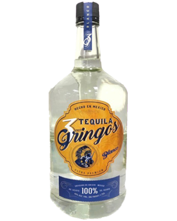 Image of a bottle of Tres Gringos Blanco Tequila, featuring a sleek design with a yellow label and white, and blue accents.