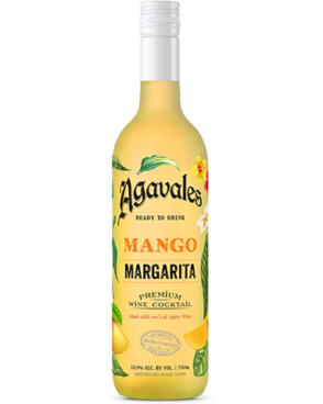 Image of a bottle of Agavales Mango RTD Margarita featuring a sleek design with a clear label with mangos and black accents.