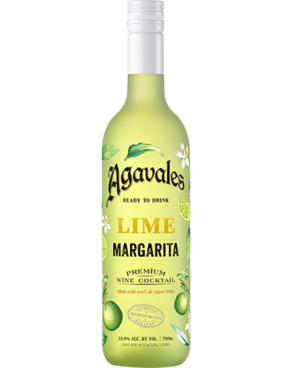 Image of a bottle of Agavales Lime RTD Margarita featuring a sleek design with a clear label with limes and black accents.