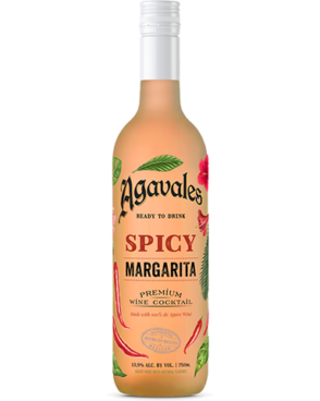 Image of a bottle of Agavales Spicy RTD Margarita featuring a sleek design with a clear label with peppers and black accents.