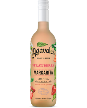 Image of a bottle of Agavales Strawberry RTD Margarita featuring a sleek design with a clear label with strawberries and black accents.