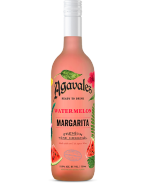 Image of a bottle of Agavales Watermelon RTD Margarita featuring a sleek design with a clear label with watermelons and black accents.