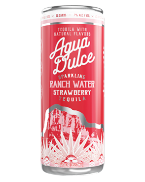 Image of a can of AguaDulce Ranch Water Strawberry Tequila featuring a sleek design with a red label and white and pink accents.