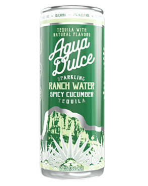 Image of a can of AguaDulce Ranch Water Spicy Cucumber Tequila featuring a sleek design with a green label and white and lighter green accents.