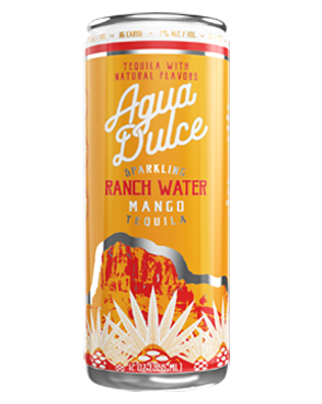 Image of a can of AguaDulce Ranch Water Mango Tequila featuring a sleek design with an orange label and white and red accents.