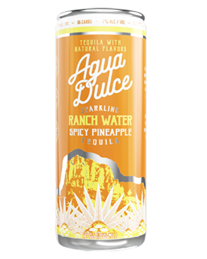 Image of a can of AguaDulce Ranch Water Spicy Pineapple Tequila featuring a sleek design with an orange label and white and yellow accents.