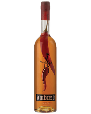 Image of a bottle of Ambush Chili Pepper Liqueur featuring a sleek design with knife in a red chili above a black box containing the brand name.