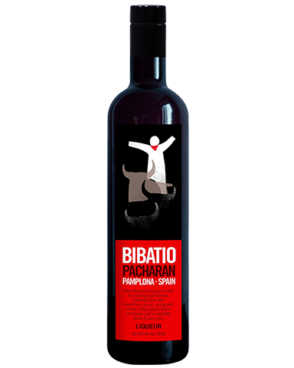 Image of a black bottle of Pacharan Bibatio Liqueur featuring a sleek design with a red label and white accents.