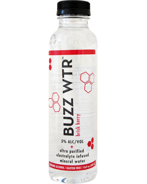 Image of a bottle of Buzz WTR Brisk Berry featuring a sleek design with a clear label and red and black accents.