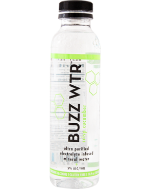 Image of a bottle of Buzz WTR Cucumber featuring a sleek design with a clear label and lime green and black accents.