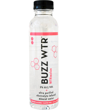 Image of a bottle of Buzz WTR WTRmelon featuring a sleek design with a clear label and pink and black accents.