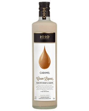 Image of a bottle of 1010 Caramel Liqueur featuring a sleek design with a white label and black and brown accents.