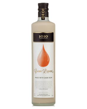 Image of a bottle of 1010 Dark Rum Cream Liqueur featuring a sleek design with a white label and orange, black and gold accents.