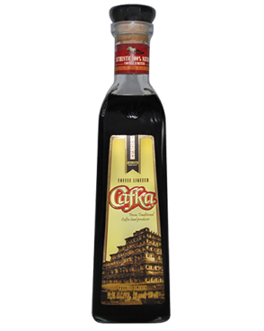 Image of a bottle of Cafka Coffee Liqueur featuring a sleek design with a yellow label with a temple background and black and red accents.