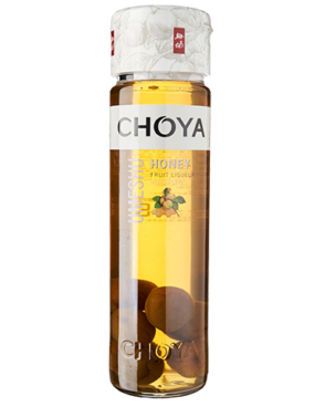 Image of a bottle of CHOYA Umeshu Honey Liqueur featuring a sleek design with a clear label and white accents.