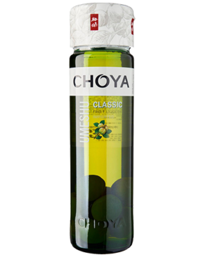 Image of a bottle of CHOYA Umeshu Classic Liqueur featuring a sleek design with a clear label and white accents.