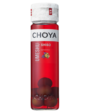 Image of a bottle of CHOYA Umeshu Shiso Liqueur featuring a sleek design with a clear label and white accents.