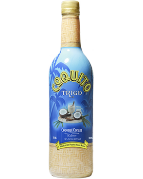 Image of a bottle of Coquito Trigo Coconut Cream Liqueur featuring a sleek design with a blue label and white and yellow accents.