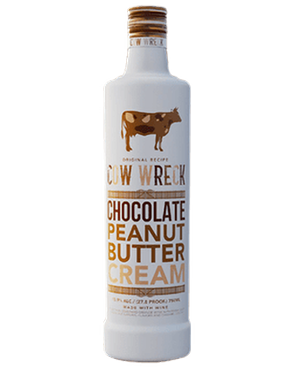 Image of a bottle of Cow Wreck Chocolate Peanut Butter Cream Liqueur featuring a sleek design with a white label and multiple shades of brown accents.