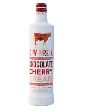 Image of a bottle of Cow Wreck Chocolate Cherry Cream Liqueur featuring a sleek design with a white label and multiple shades of brown and red accents.