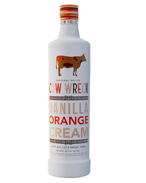 Image of a bottle of Cow Wreck Vanilla Orange Cream Liqueur featuring a sleek design with a white label and multiple shades of brown and red accents.