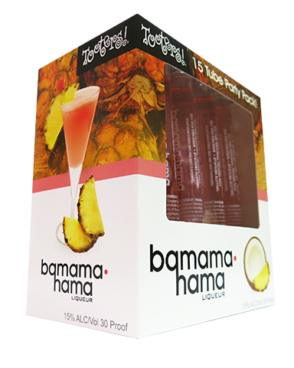 Image of a box of Tooters Bamamahama Liqueurs with pineapples around the top half of the box, a separation line of pink, and a white bottom half with black lettering.