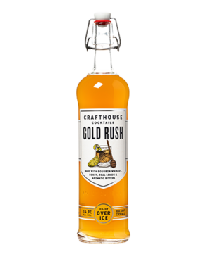 Image of a bottle of Crafthouse Gold Rush 750ml Cocktail featuring a sleek design with a white label and black and orange accents.