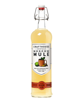 Image of a bottle of Crafthouse Moscow Mule 750ml Cocktail featuring a sleek design with a white label and black and red accents.