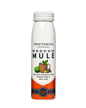 Image of a can of Crafthouse Moscow Mule 200ml Cocktail featuring a sleek design with a white label and black and red accents.