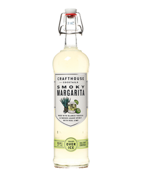 Image of a bottle of Crafthouse Smoky Margarita 750ml Cocktail featuring a sleek design with a white label and black and green accents.