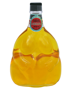 Image of a bottle of Damiana Liqueur featuring a sleek design with a red label and white, black, and blue accents.