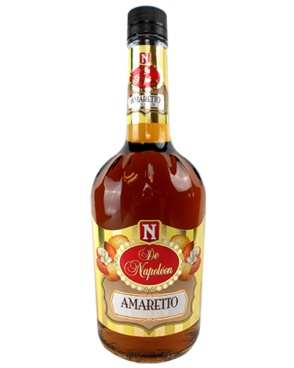 Image of a bottle of De Napoleon Amaretto featuring a sleek design with a yellow label with almonds and white, gold, and red accents.