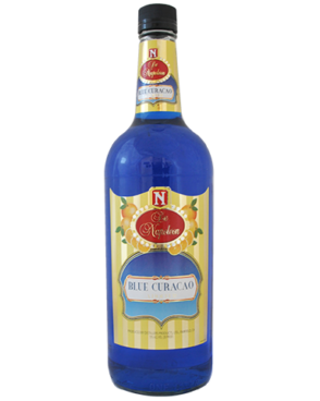 Image of a bottle of De Napoleon Blue Curacao featuring a sleek design with a yellow label with oranges and white, gold, and red accents.