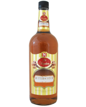 Image of a bottle of De Napoleon Butterscotch featuring a sleek design with a yellow label with butterscotch cubes and white, gold, and red accents.