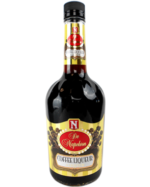 Image of a bottle of De Napoleon Coffee Liqueur featuring a sleek design with a yellow label with coffee beans and white, gold, and red accents.