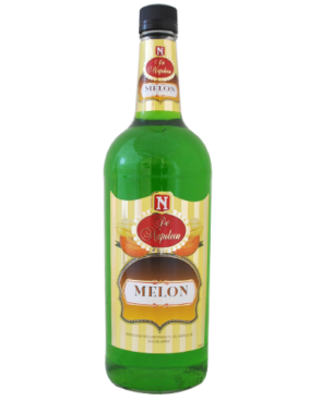 Image of a green bottle of De Napoleon Melon Liqueur featuring a sleek design with a yellow label and white, gold, and red accents.