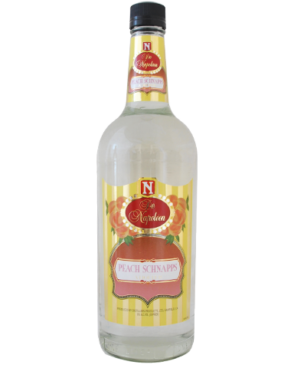 Image of a bottle of De Napoleon Peach Schnapps featuring a sleek design with a yellow label with peaches and white, gold, and red accents.